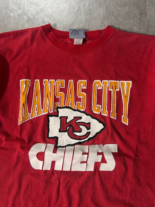 90’s Vintage Kansas City Chiefs Striped Red T-Shirt - L - L | Martin City Vintage
