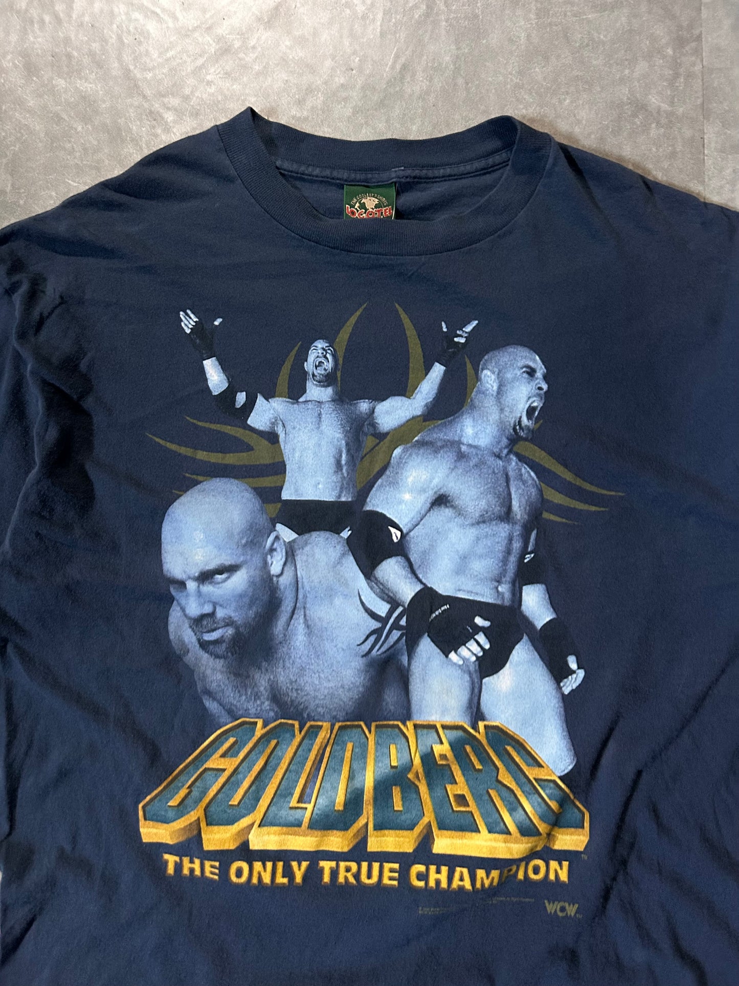 2000s Vintage Goldberg Big Print Wrestling Graphic Navy T Shirt Close Up