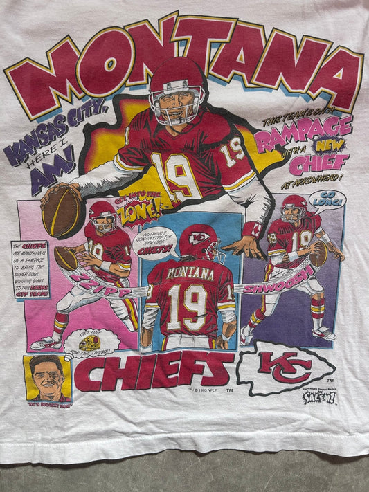 90s Vintage Kansas City Chiefs Joe Montana Salem Sportswear Comic White T Shirt Size L - L | Martin City Vintage