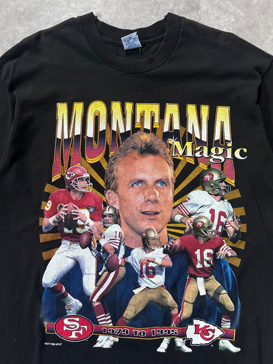 90s Vintage Joe Montana Kansas City Chiefs San Francisco 49ers Salem Sportswear Black Rap T Shirt Size L - L | Martin City Vintage