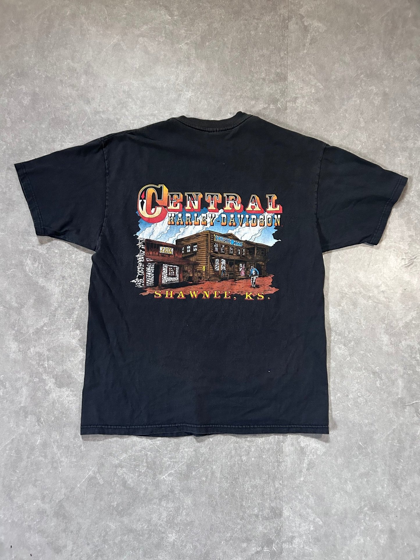 90s Vintage Harley Davidson Shawnee, KS Faded Black T Shirt Size XL - XL | Martin City Vintage
