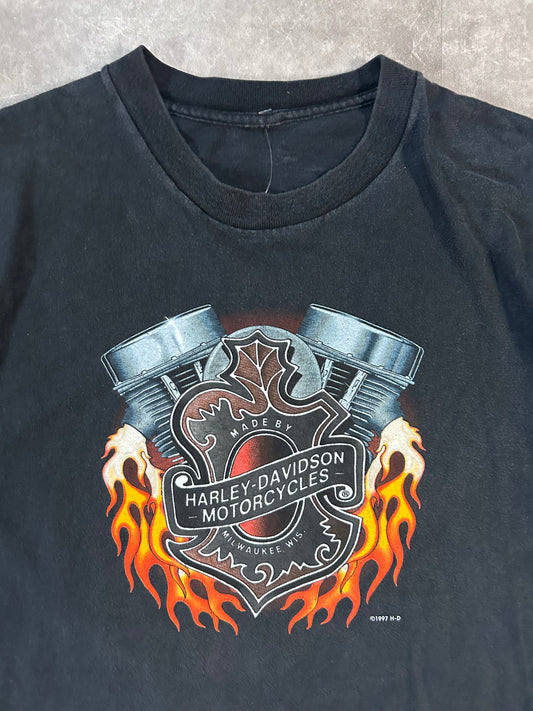 1997 Vintage Harley Davidson Flaming Engine Faded Black T Shirt Size L