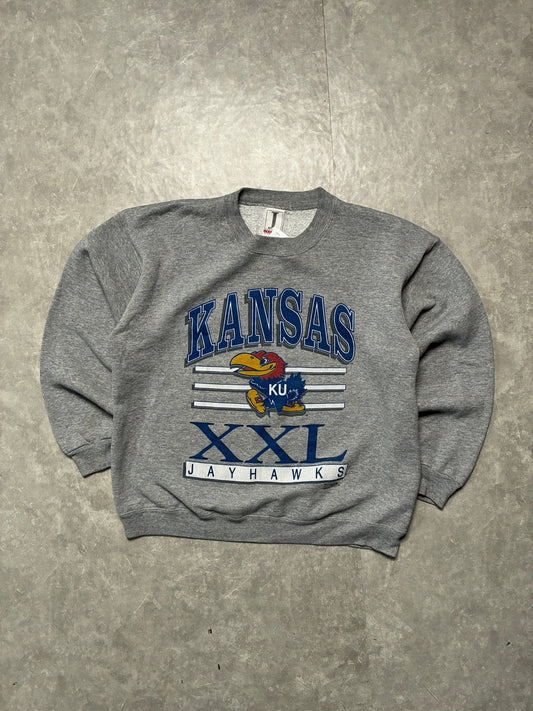 90s Vintage Kansas Jayhawks "XXL" Grey Crewneck -L - L | Martin City Vintage
