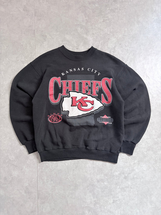 90s Vintage Kansas City Chiefs Big Print Black Crewneck -M - M | Martin City Vintage