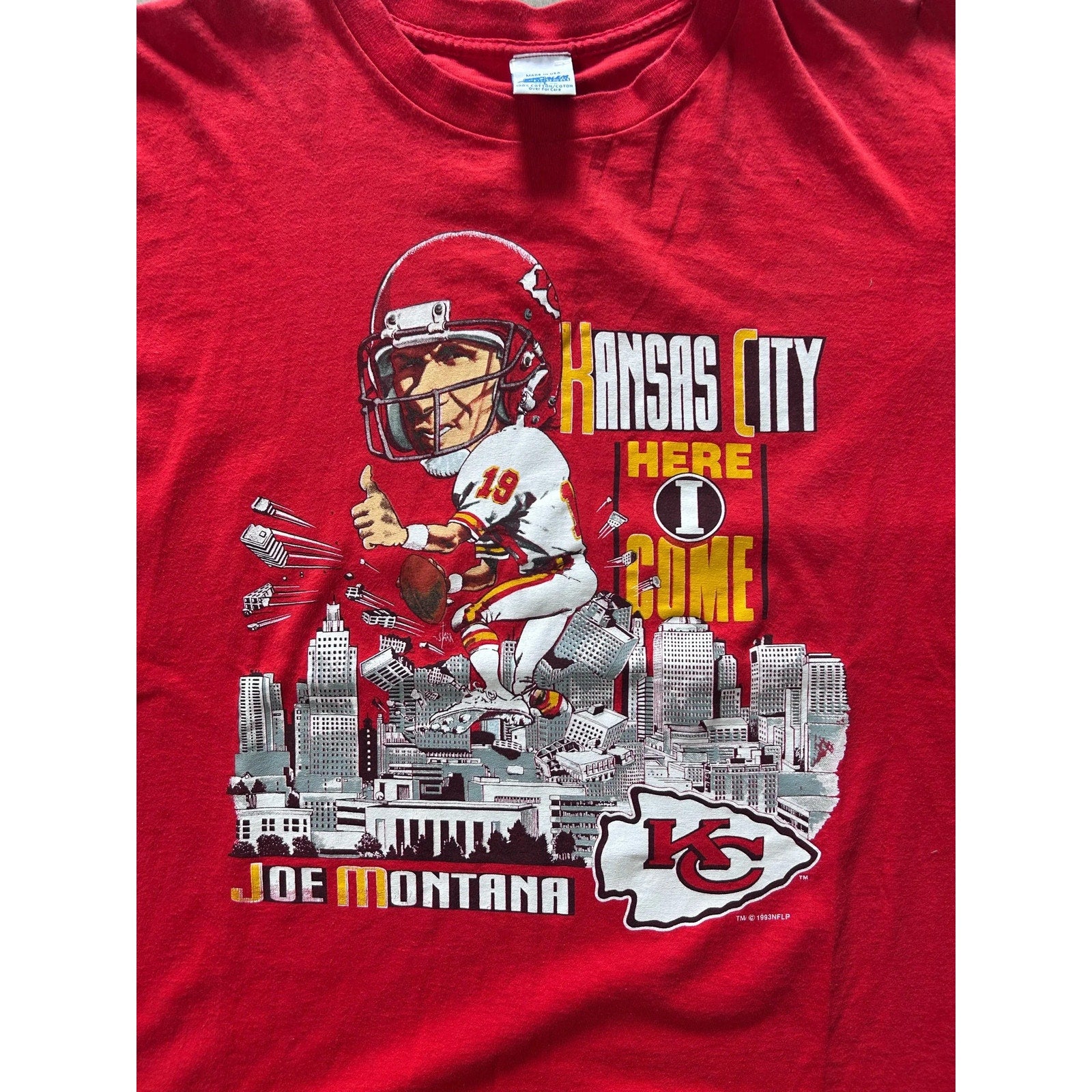 90s Vintage Kansas City Chiefs Joe Montana Salem Sportswear Caricature Red T - | Martin City Vintage