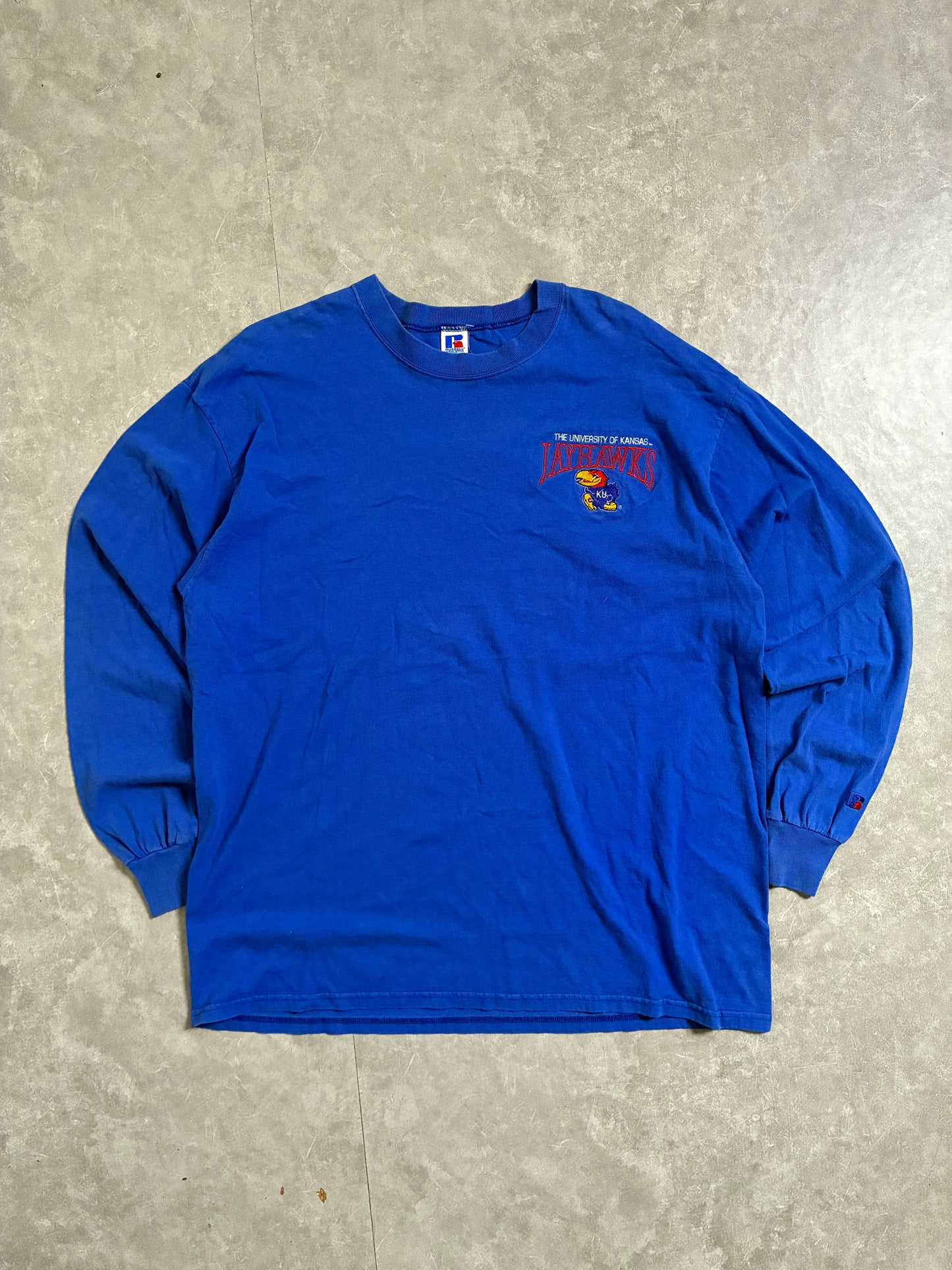90s Vintage Kansas Jayhawks Embroidered Minimal Blue Long Sleeve Shirt -XL