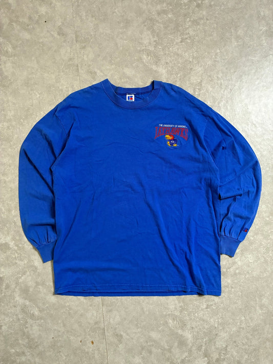 90s Vintage Kansas Jayhawks Embroidered Minimal Blue Long Sleeve Shirt -XL - XL | Martin City Vintage