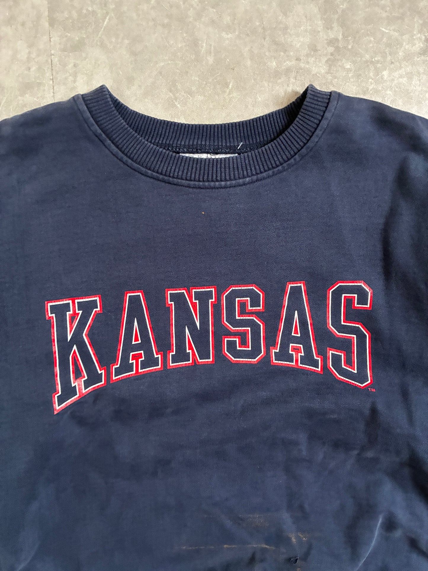 90s Vintage Kansas Jayhawks Distressed Navy Crewneck -L