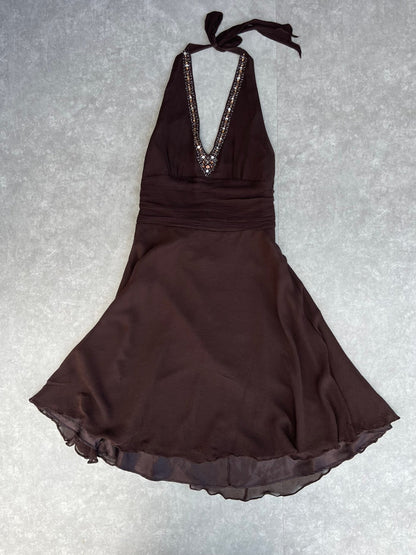 2000s Vintage Robbie Bee Brown Embellished Silk Halter Dress - 12 - 12 | Martin City Vintage