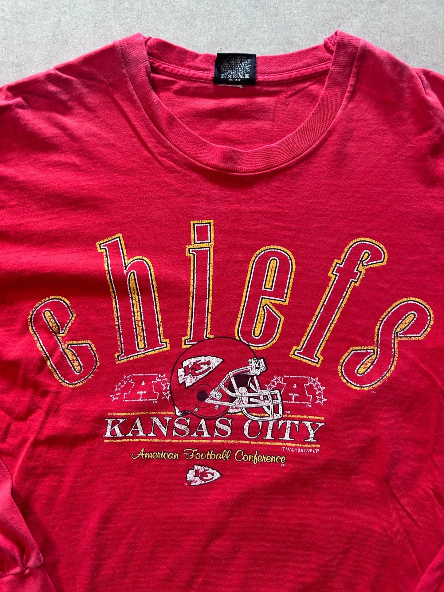 90s Vintage Kansas City Chiefs Faded Print Long Sleeve Red Shirt Size L - | Martin City Vintage
