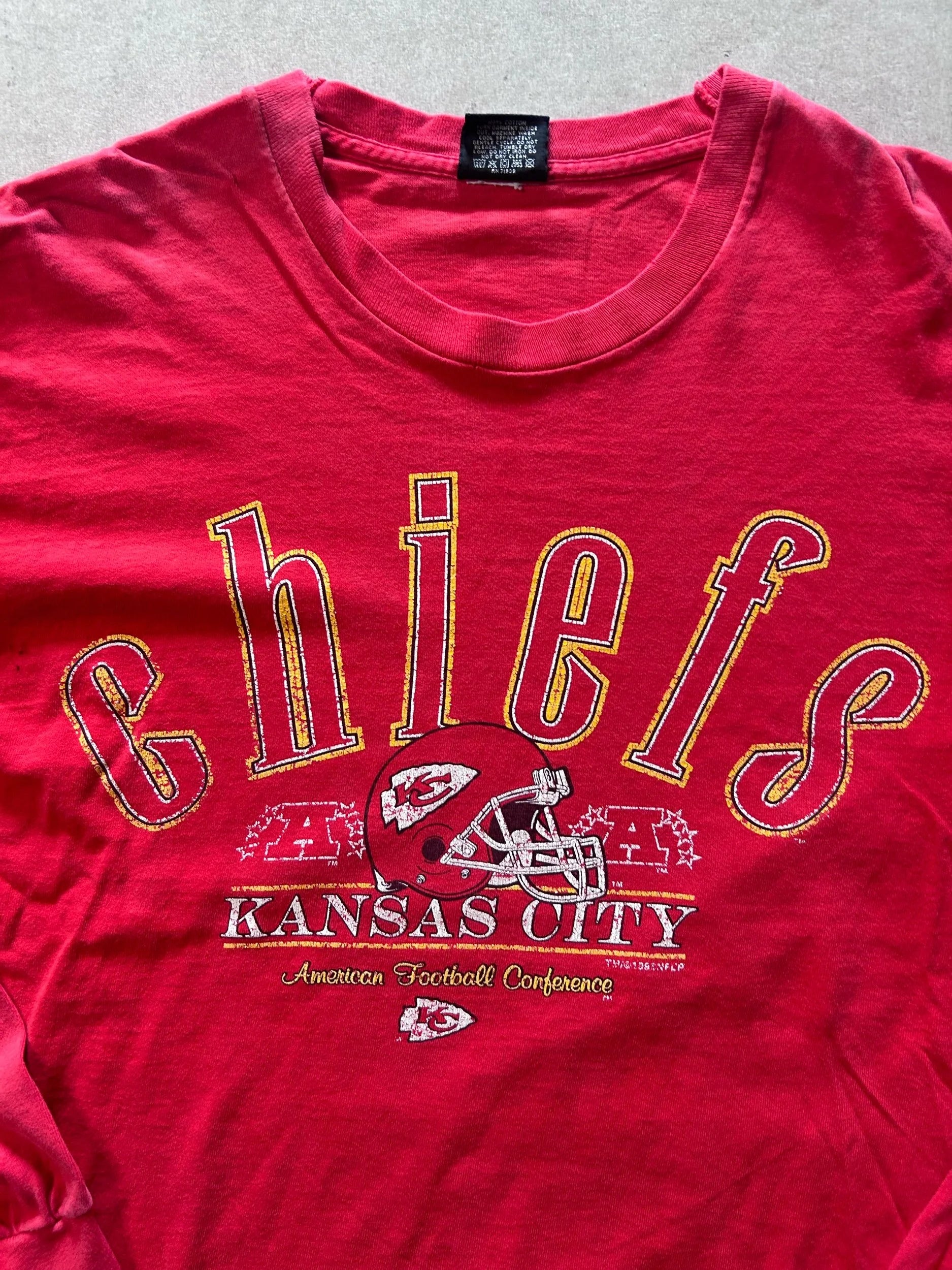 90s Vintage Kansas City Chiefs Faded Print Long Sleeve Red Shirt Size L - | Martin City Vintage