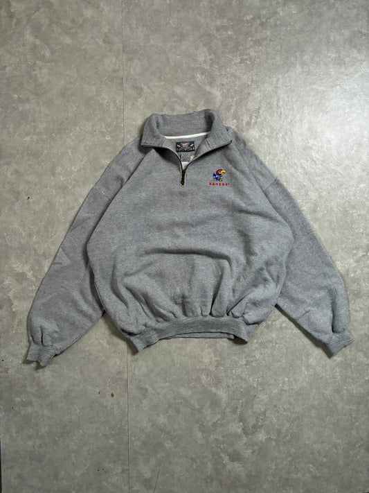 90s Vintage Kansas Jayhawks Grey Quarter Zip -XL - XL | Martin City Vintage