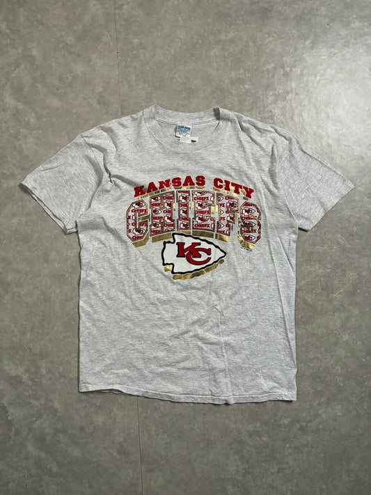 90s Vintage Kansas City Chiefs Heather Grey Gold Print T-Shirt -XL - XL | Martin City Vintage