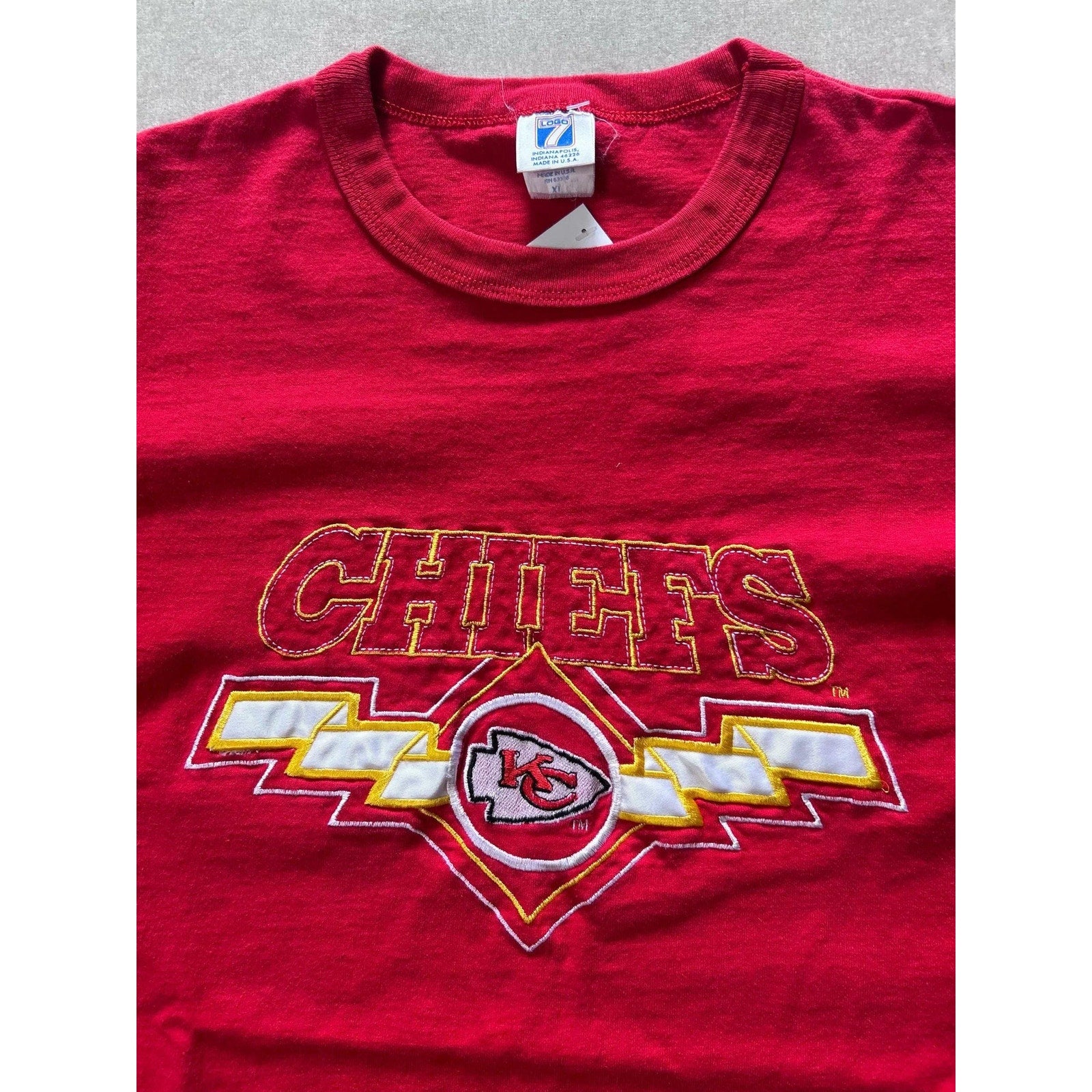 90s Vintage Kansas City Chiefs Embroidered Logo7 Red T Shirt Size XL - | Martin City Vintage