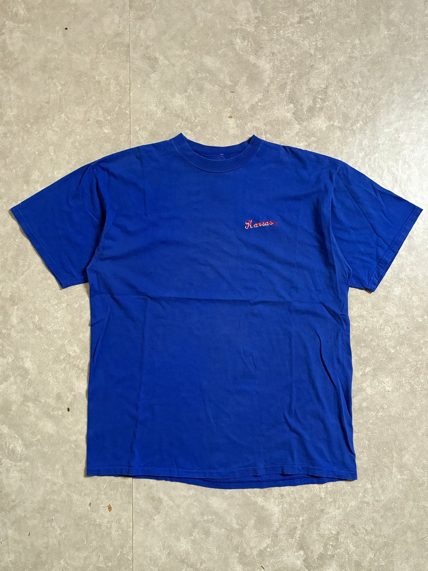 90s Vintage Kansas Jayhawks Embroidered Minimal Blue T-Shirt -XL