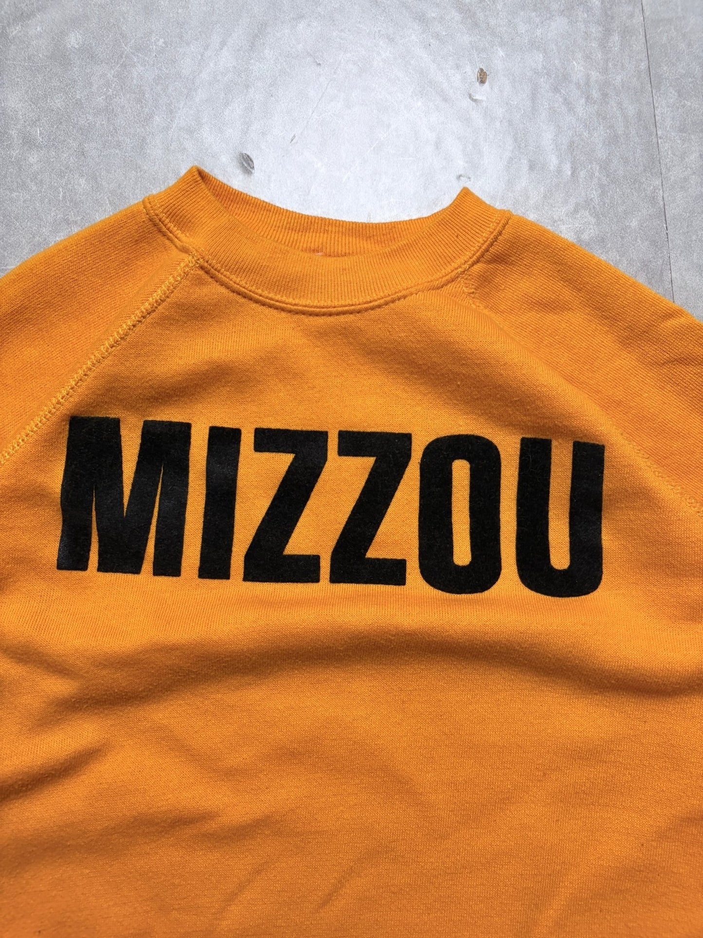 90s Vintage Mizzou Tigers Flock Print Yellow Crewneck -L - L | Martin City Vintage
