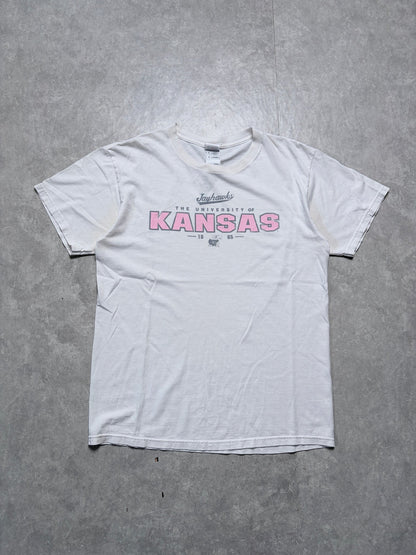 2000s Vintage Kansas Jayhawks Pink Letters White T-Shirt -M - M | Martin City Vintage
