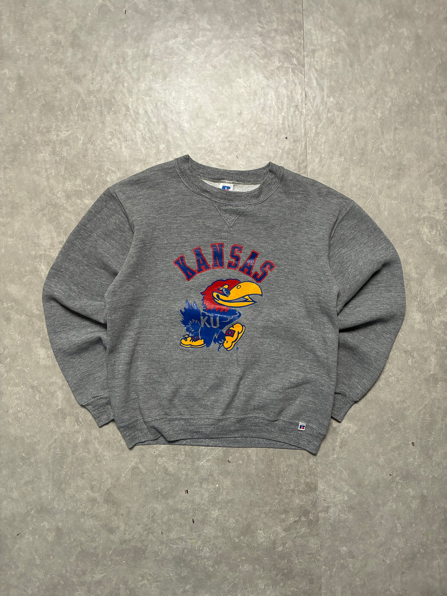 90s Vintage Kansas Jayhawks Russell Grey Crewneck -M