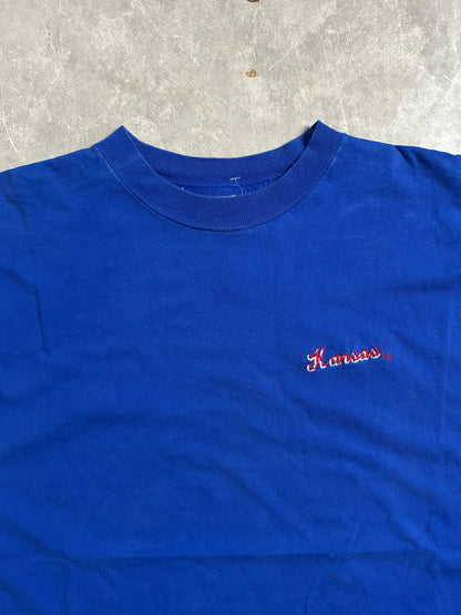 90s Vintage Kansas Jayhawks Embroidered Minimal Blue T-Shirt -XL
