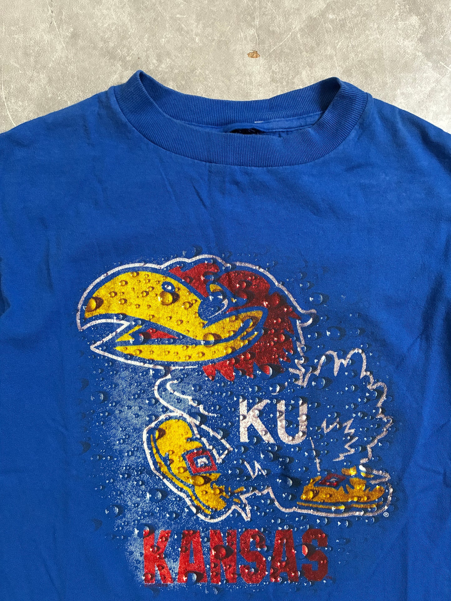 90s Vintage Kansas Jayhawks Water Print Blue T-Shirt -M