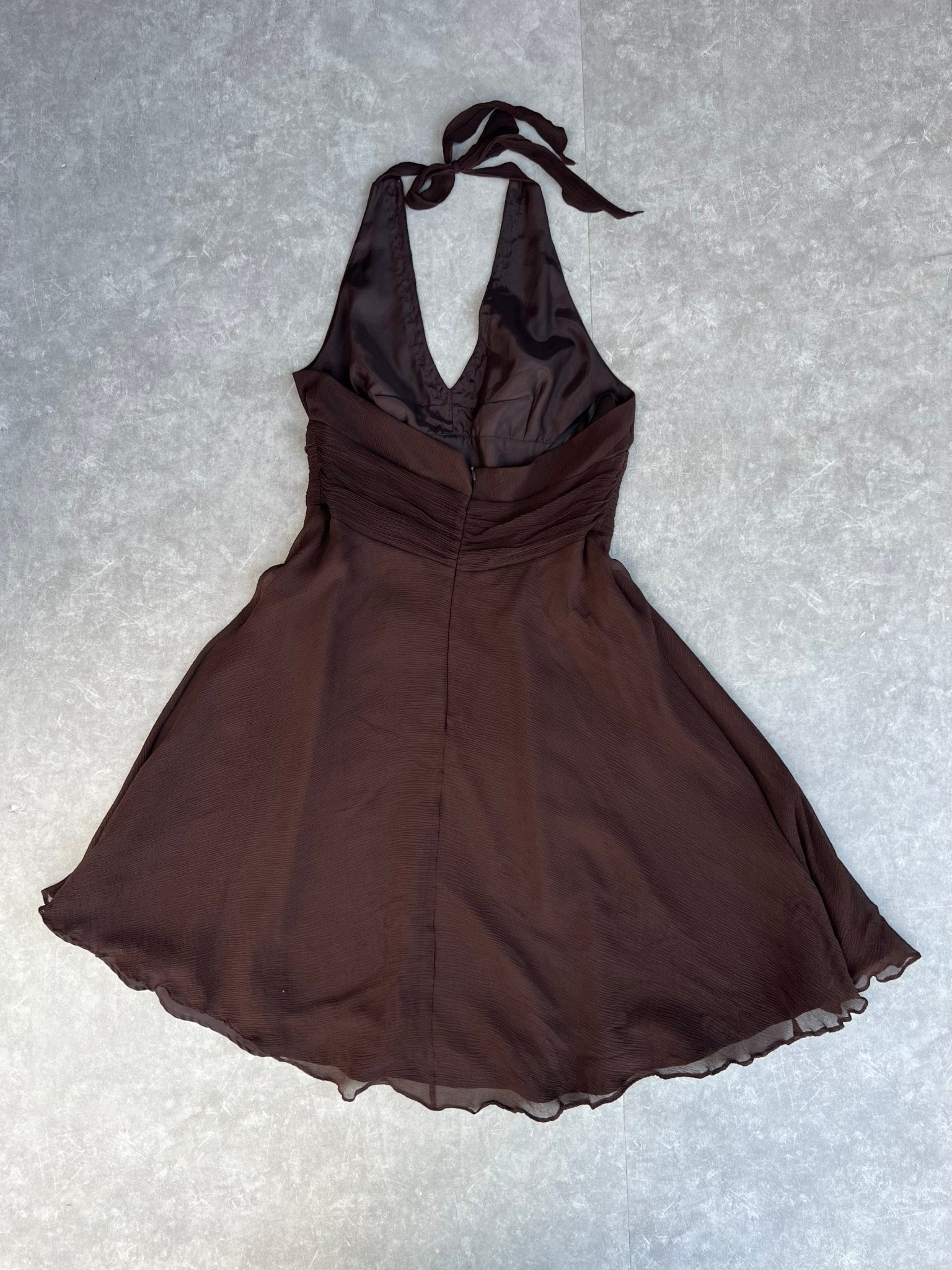 2000s Vintage Robbie Bee Brown Embellished Silk Halter Dress - 12 - 12 | Martin City Vintage
