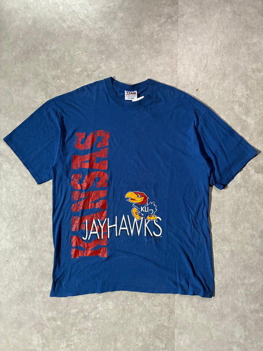 90s Vintage Kansas Jayhawks Big Print Blue T-Shirt -XXL - XXL | Martin City Vintage