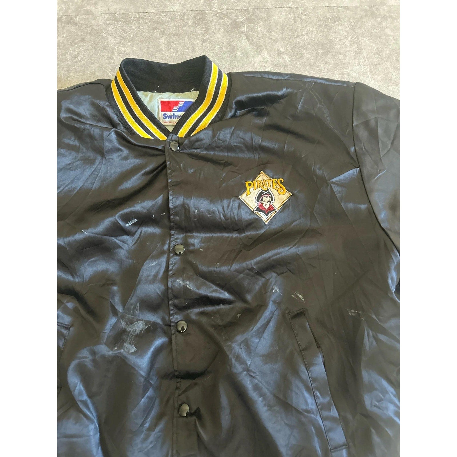 90s Vintage Pittsburgh Pirates Distressed Satin Black Jacket Size XL - | Martin City Vintage