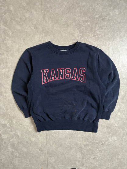 90s Vintage Kansas Jayhawks Distressed Navy Crewneck -L
