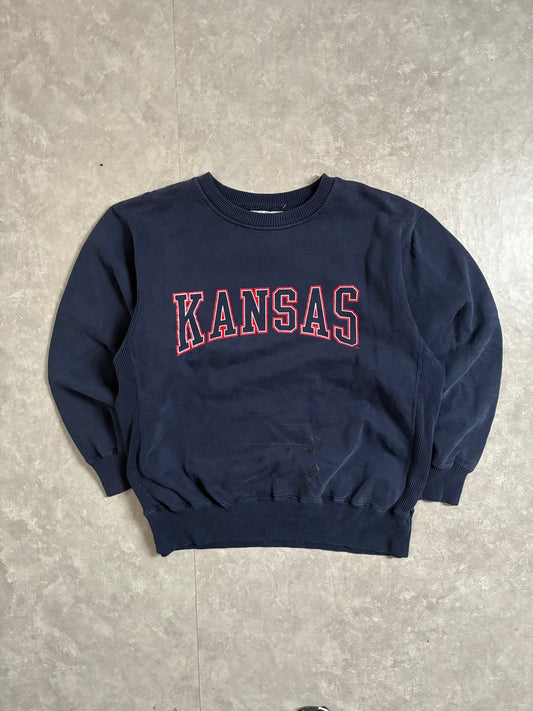 90s Vintage Kansas Jayhawks Distressed Navy Crewneck -L - L | Martin City Vintage