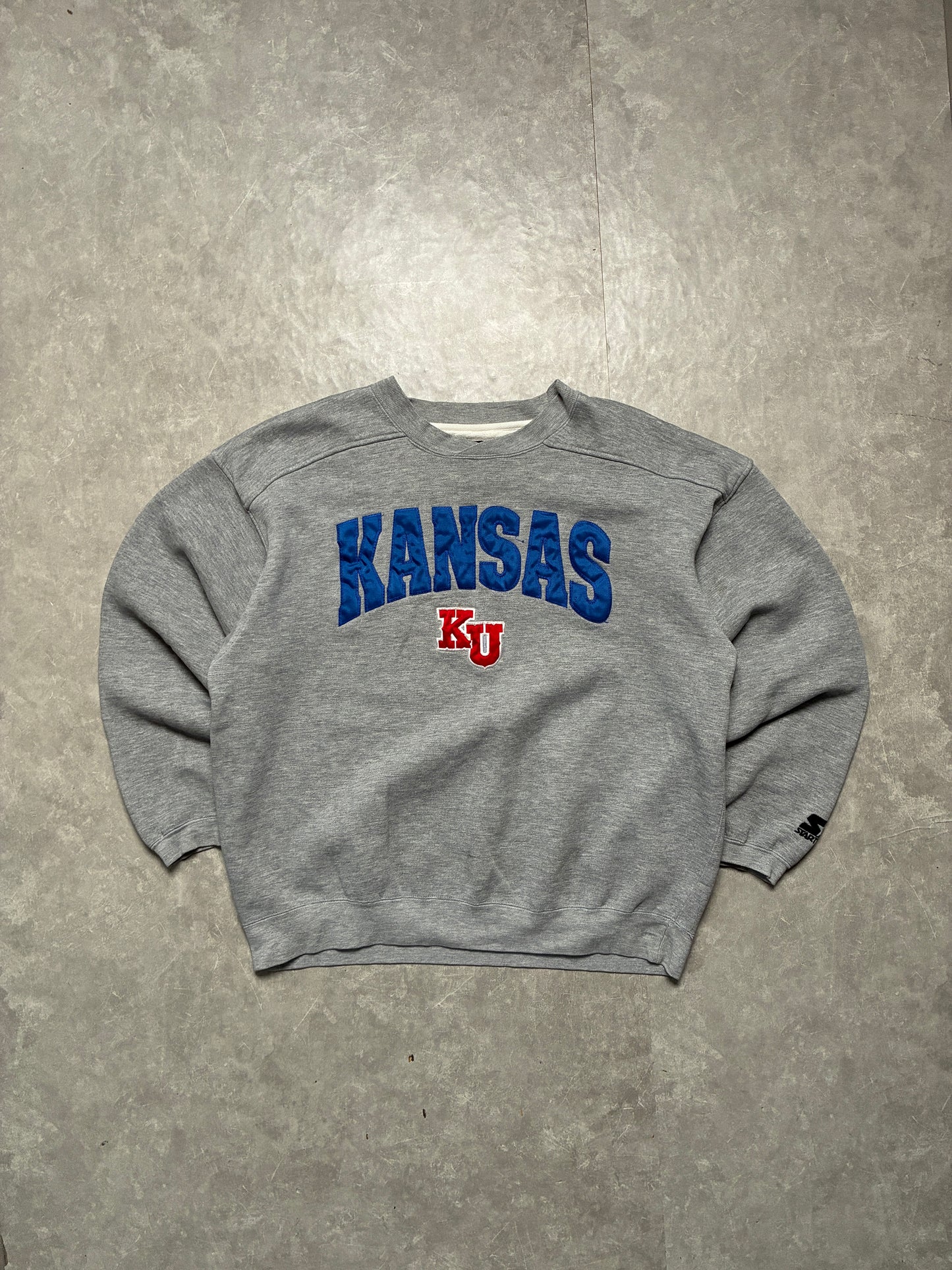 90s Vintage Kansas Jayhawks Embroidered Starter Grey Crewneck -L