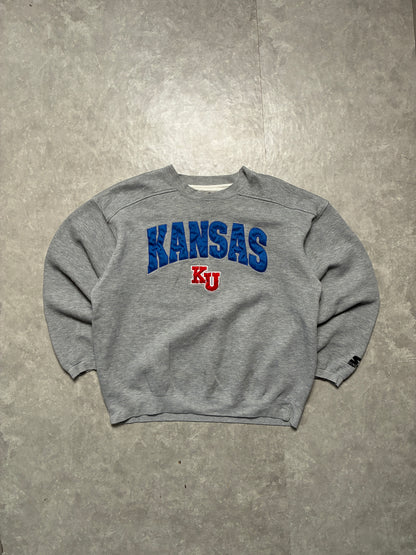 90s Vintage Kansas Jayhawks Embroidered Starter Grey Crewneck -L