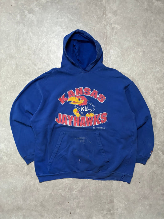 90s Vintage Kansas Jayhawks Distressed Blue Hoodie -XXL - XXL | Martin City Vintage