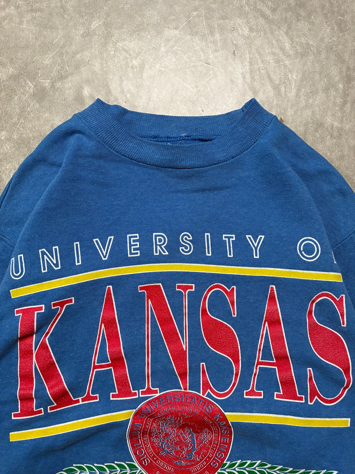 90s Vintage Kansas Jayhawks Crest Blue Crewneck -L