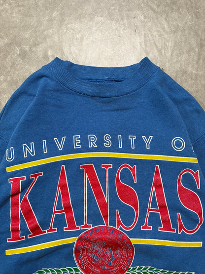 90s Vintage Kansas Jayhawks Crest Blue Crewneck -L