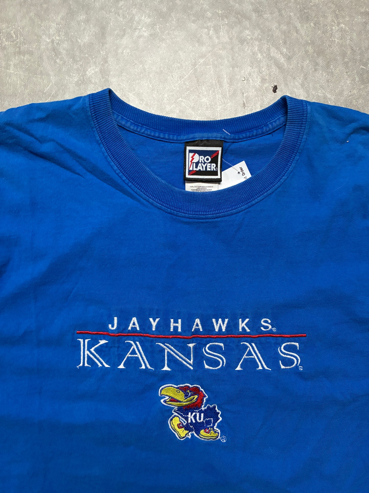 90s Vintage Kansas Jayhawks Embroidered Pro Player Blue T-Shirt -L