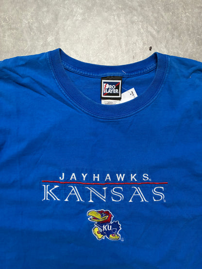 90s Vintage Kansas Jayhawks Embroidered Pro Player Blue T-Shirt -L