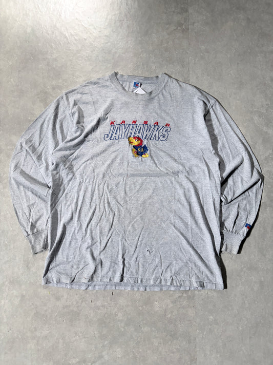 90s Vintage Kansas Jayhawks Embroidered Grey Long Sleeve Shirt -XL