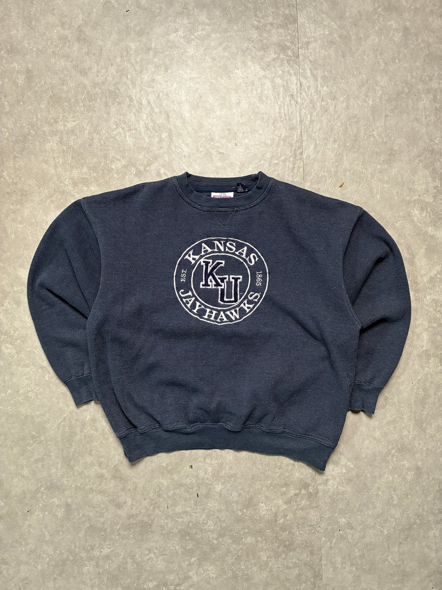 90s Vintage Kansas Jayhawks Embroidered Navy Crewneck -L