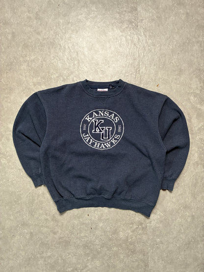 90s Vintage Kansas Jayhawks Embroidered Navy Crewneck -L