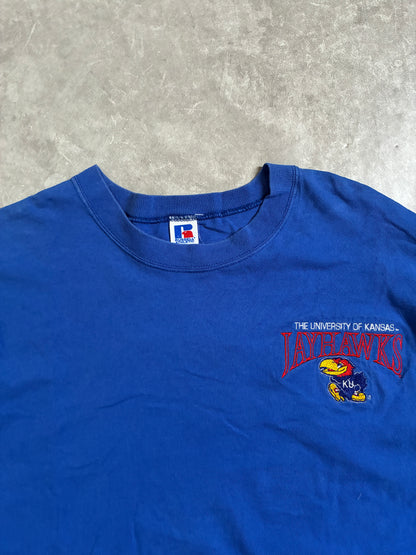 90s Vintage Kansas Jayhawks Embroidered Minimal Blue Long Sleeve Shirt -XL
