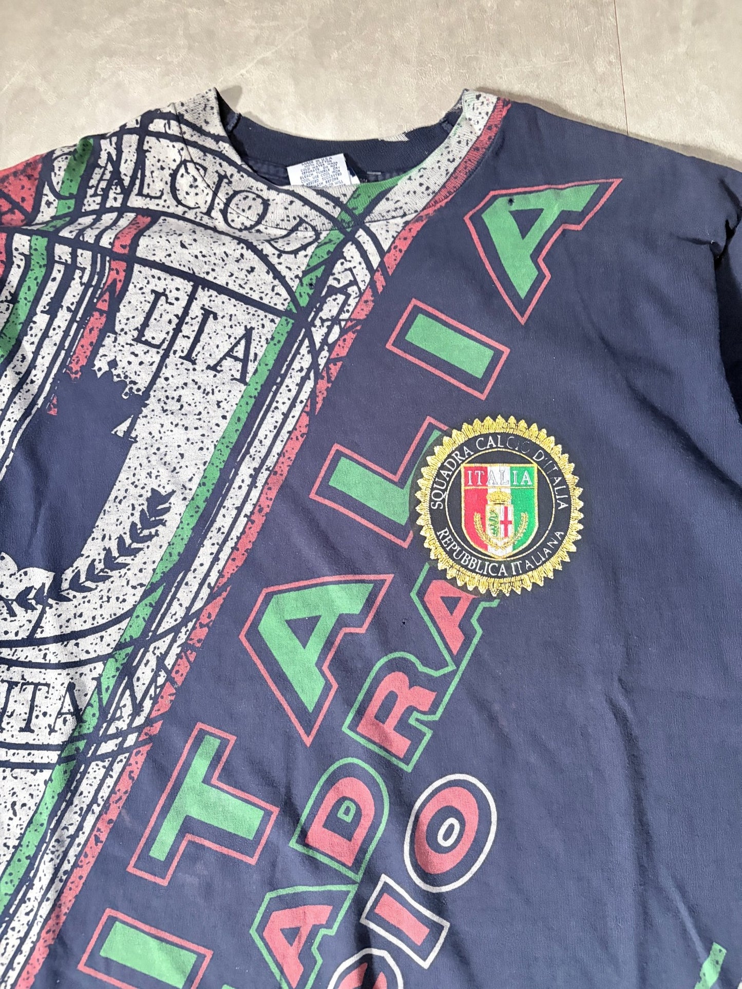 90s Vintage Italy Soccer AOP Black T Shirt -XL - XL | Martin City Vintage
