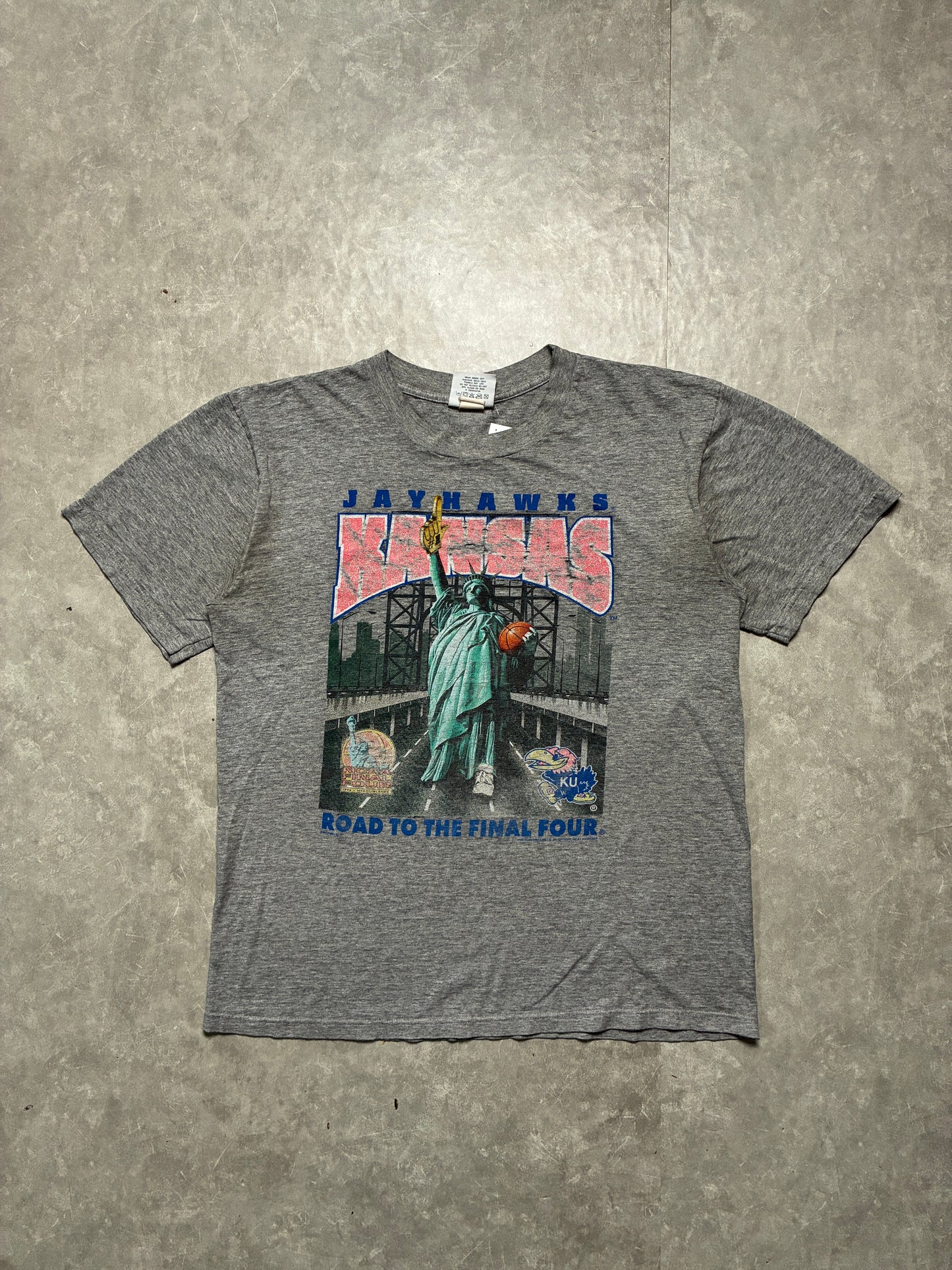 90s Vintage Kansas Jayhawks Final Four Distressed Grey T-Shirt -L