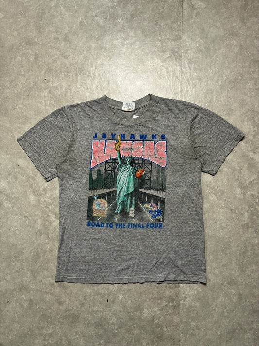 90s Vintage Kansas Jayhawks Final Four Distressed Grey T-Shirt -L - L | Martin City Vintage