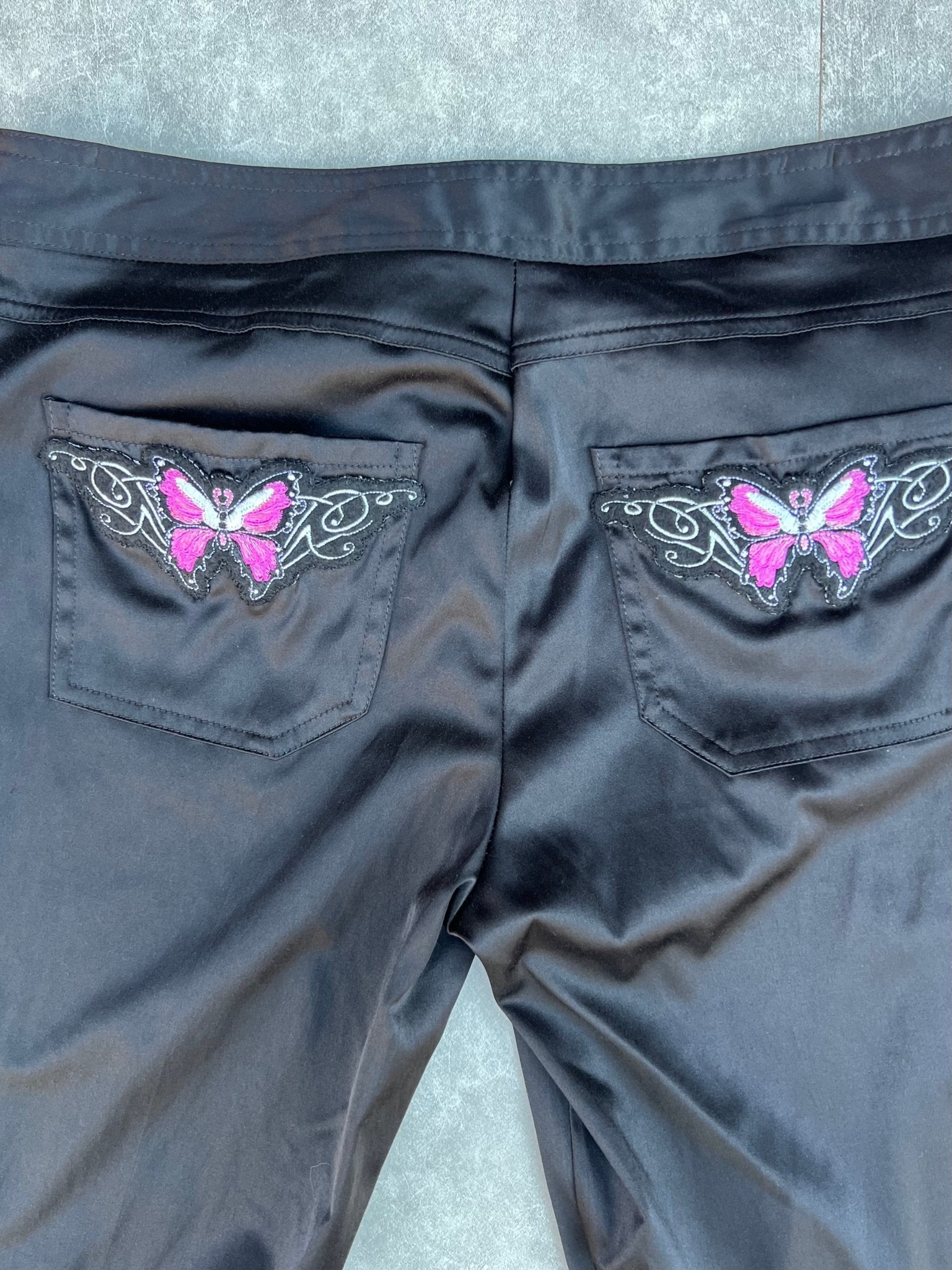 2000s Vintage No Boundries Silky Black Butterfly Patch Pants - 9 - 9 | Martin City Vintage
