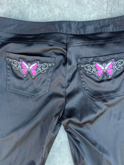 2000s Vintage No Boundries Silky Black Butterfly Patch Pants - 9 - 9 | Martin City Vintage