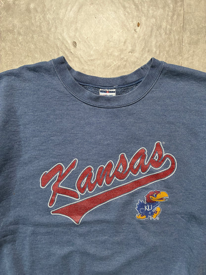 2000s Vintage Kansas Jayhawks Faded Blue Crewneck -L