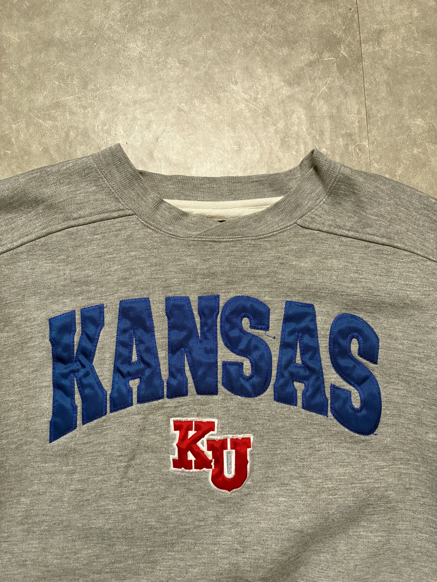 90s Vintage Kansas Jayhawks Embroidered Starter Grey Crewneck -L