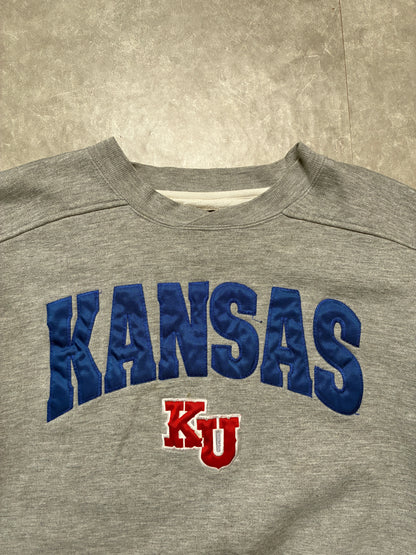 90s Vintage Kansas Jayhawks Embroidered Starter Grey Crewneck -L
