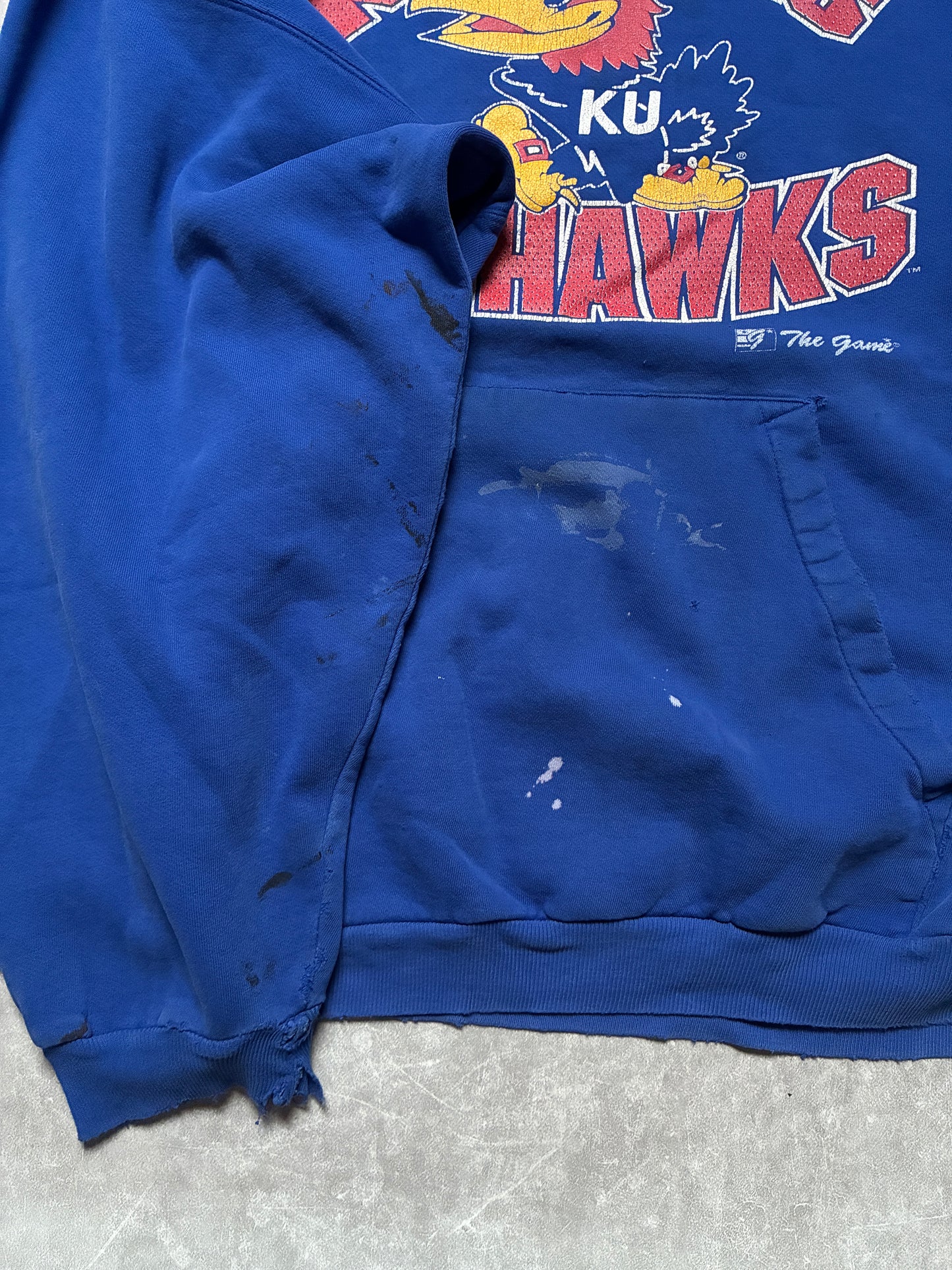 90s Vintage Kansas Jayhawks Distressed Blue Hoodie -XXL