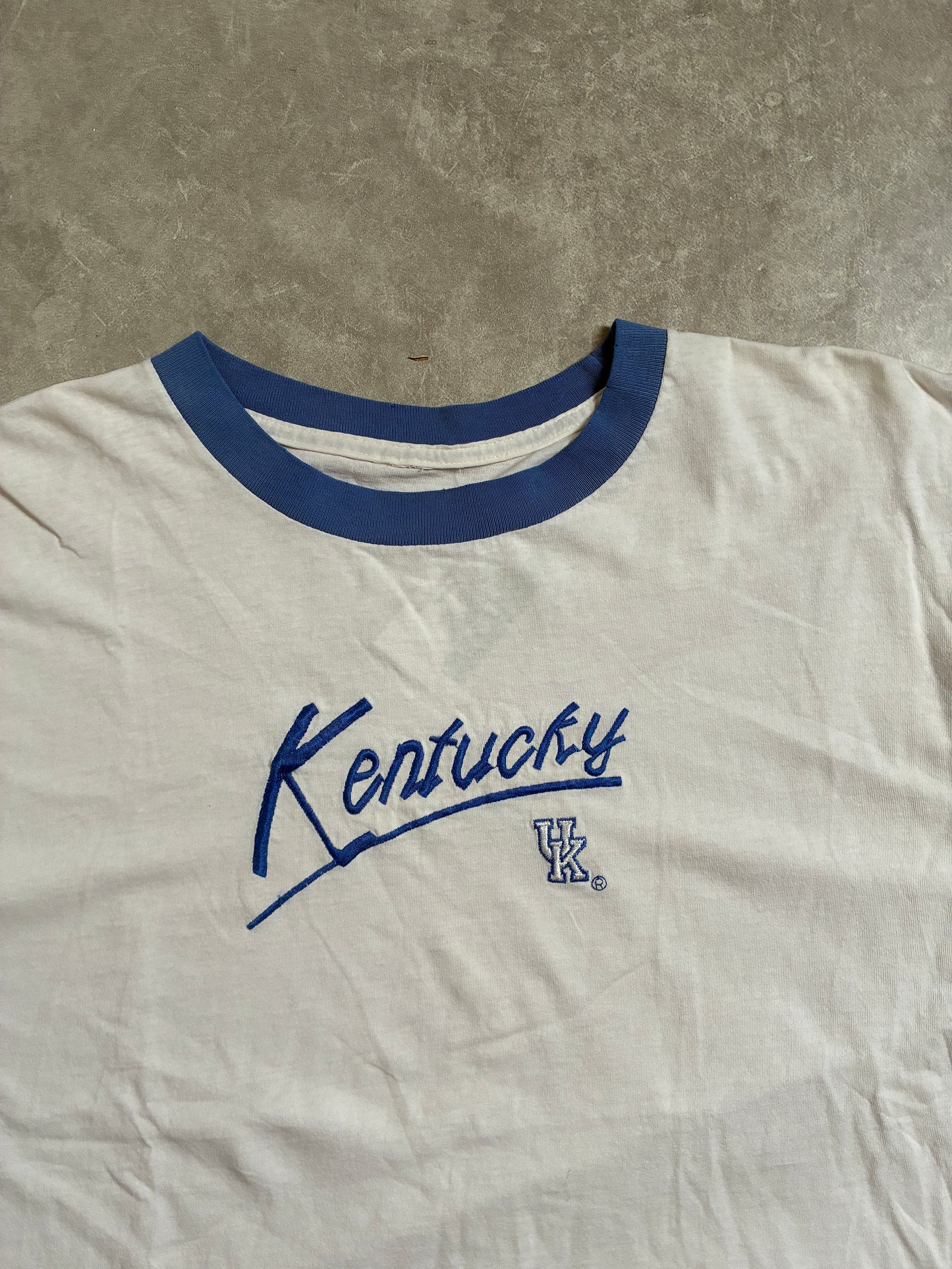 90s Vintage Kentucky Wildcats Embroidered White Ringer T-Shirt -XL